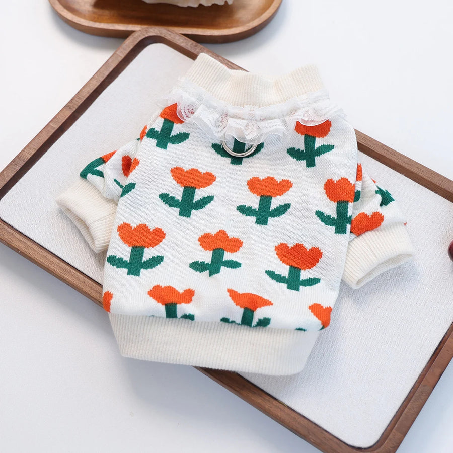 Suéter Floral para Pets | Roupa Quentinha com Laço e Argola para Guia
